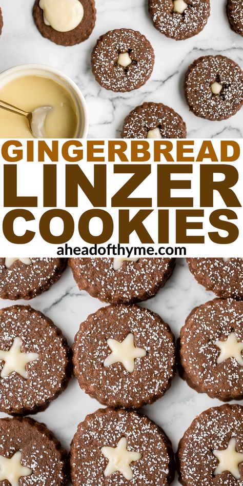 Gingerbread linzer cookies with white chocolate have two layers of soft and buttery gingerbread shortbread held together with a layer of white chocolate ganache, and lightly dusted with confectioners' sugar on top. They are warmly spiced with ginger and cinnamon and have a rich dose of molasses to keep them soft and chewy for days. This gingerbread twist on regular shortbread linzer cookies makes them the perfect holiday cookie. | aheadofthyme.com #gingerbreadlinzercookies ... via @aheadofthyme Gingerbread Linzer Cookies, Gingerbread Shortbread, Cookies With White Chocolate, Chewy Ginger Cookies, Special Cookies, Xmas Cookie, Pistachio Biscotti, Homestead Kitchen, Ideas Cocina