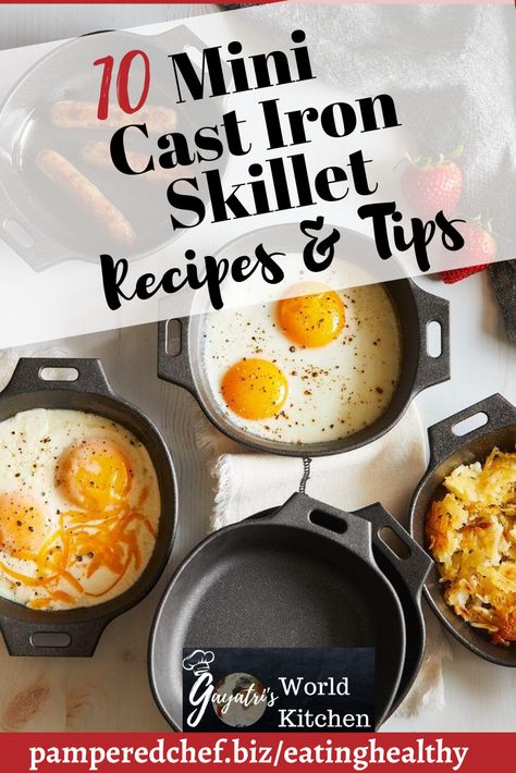 Cast iron cooking has seen a comeback and has endured because of its versatility in the kitchen. Any time you can go mini with your recipes, the results aren’t just adorable, they’re delicious. Whether you’re cooking for two, or going camping, Pampered Chef's Mini Cast Iron Skillet set may be the answer. Make individual-sized desserts, cornbread, side dishes, mini pizzas with crispy crusts, campfire breakfast eggs, sausages, frittatas, hashbrowns, crispy veggies, dips, and tasty appetizers. Mini Cast Iron Skillet Appetizers, Mini Skillet Breakfast, Small Skillet Dessert, Mini Iron Skillet Recipes, 6 Inch Cast Iron Skillet Recipes, Pampered Chef Cast Iron Skillet Recipes, Mini Cast Iron Desserts, Individual Skillet Recipes, My Mini Skillet And Noodle Maker Recipes