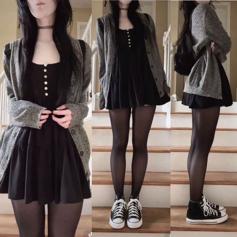 Nerdy Goth Aesthetic, Style Black Dress Casual, Cute Goth Winter Outfits, Cute Winter Outfits Alt, Dark Coquette Dresses, Cute Innocent Outfits, Alt Outfits Fem, Black Dress Outfit Grunge, Kera 08 Outfits