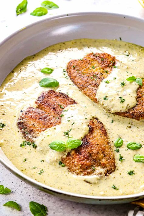 Pan Fried Tilapia In Pesto Cream Sauce - Carlsbad Cravings Pan Fry Tilapia, Sauce For Tilapia, Tilapia Sauce, Pesto Tilapia, Fried Tilapia Recipes, Pesto Cream Sauce, Pan Fried Tilapia, Cajun Cream Sauce, Fried Tilapia