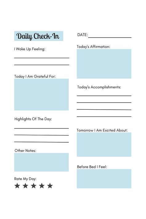 Daily Accomplishment List, Daily Check In Template, Daily Review Template, Morning Check In Questions, Things To Keep Track Of In Your Planner, Daily Log Templates, Daily Thoughts Journal, Daily Check In Questions, Daily Emotion Journal