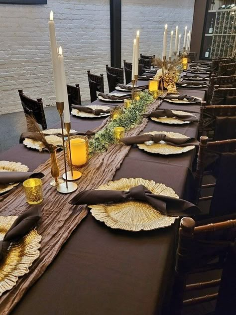 Table Decorations Brown, Melanin Themed Party Decor, Brown Dinner Party Decor, Brown And Gold Table Setting, Brown And Gold Table Decor, Shades Of Brown Dinner Party, Dark Brown Table Decor, Brown Event Decor, Brown Wedding Table Decor