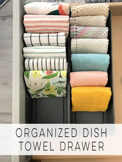 Dish Towel Drawer, Tea Towels Storage, How To Organize Dish Towels, Dish Towel Organization Kitchens, Kitchen Towel Storage Small Spaces, Unpaper Towel Storage, Dish Towel Storage Drawer, Dish Rag Storage, Cloth Napkin Organization