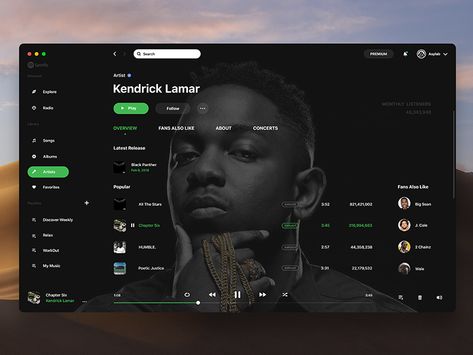 Free PSD Spotify Redesign Concept Spotify Website Design, Spotify Redesign, Spotify Design, Music Streaming App, Gold Experience, Famous Music, Web Design Websites, Gaussian Blur, Desktop Design