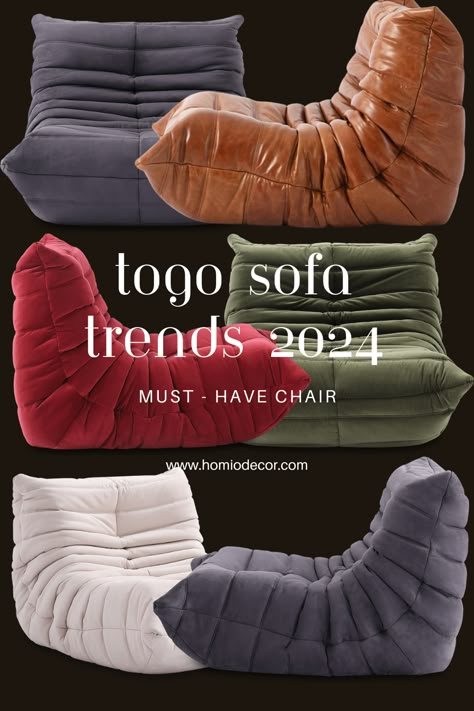 The Togo sofa, designed by Michel Ducaroy in 1973 for Ligne Roset, is a timeless piece of modern furniture design. While its unique, ergonomic form and casual elegance make it a coveted item, the high price tag can be prohibitive. Fortunately, Homio Decor has emerged as the leading manufacturer of Togo sofa dupes, offering quality, style, and affordability and a high standard that can stand in the same line together with the original design. Linge Roset Sofa, Togo Chair, Toga Sofa, Furniture Collage, Sofa Trends, Ligne Roset Togo, Bedroom Ottoman, Conversation Pit, Michel Ducaroy