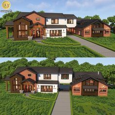 Minecraft Contemporary House, Minecraft Mansion Build, Minecraft House Inspo Modern, Minecraft Family House, Brick Minecraft Houses, Family House Minecraft, Minecraft Building Ideas Modern, Minecraft Mansion Layout, Minecraft Houses Mansions