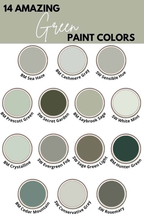 Sherwin Williams Green Paint Colors Most Popular, Green Paint Colors Benjamin Moore, Best Green Paint Colors, Green Interior Paint, Benjamin Moore Green, Sherwin Williams Green, Olive Green Paints, Light Green Paint, Green Grey Paint