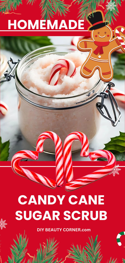 Festive Candy Cane Peppermint Sugar Scrub Recipe Body Scrub Diy Christmas, Peppermint Sugar Scrub Recipe, Sugar Scrub Christmas Gift, Diy Christmas Body Scrubs, Candy Cane Treats Gift Ideas, Diy Christmas Scrubs, Candy Cane Scrub, Christmas Body Scrub Diy, Christmas Sugar Scrub Recipes