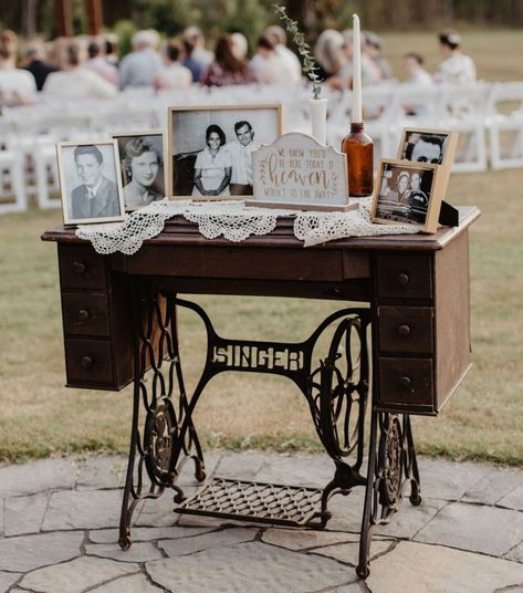 Small Sweetheart Table Wedding, 1800s Wedding Theme, Old Furniture Wedding Decor, Vintage Furniture At Wedding, Antique Guest Book Table, Vintage Trunk For Wedding Cards, Old Sewing Machine Table Bar, Vintage Sewing Table, Wedding Themes Outdoor