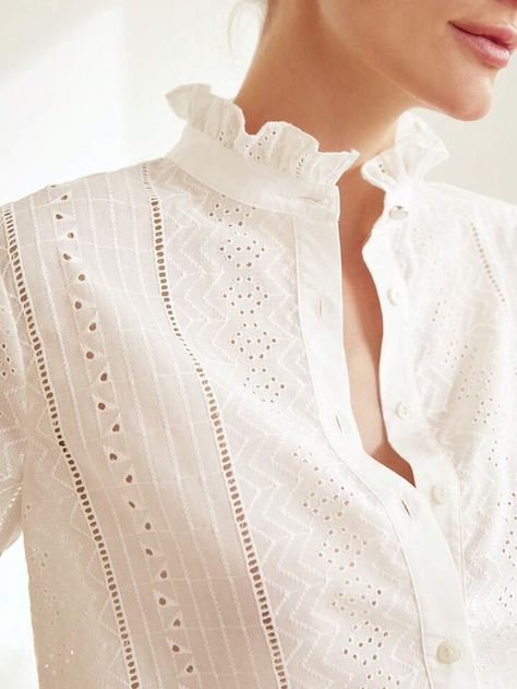 MOTF X Nour PREMIUM RUFFLE NECK SCHIFFY BLOUSE | SHEIN USA White Eyelet Blouse, Ruffle Hem Blouse, Eyelet Shirt, White Blouses, Ruffle Trim Top, Linen Shirts Women, Clothing Model, Eyelet Blouse, Eyelet Embroidery