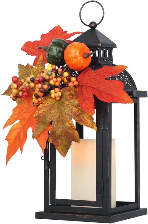 NEEDOMO Fall Decorations for Home, Thanksgiving Indoor Outdoor Decor, 14.4" Vintage Metal Lanterns Decorative Rustic Candle Holder for Table Centerpieces, Hanging, Patio, Porch,Yard (with Wreath) Front Porch Table Decor, Porch Table Decor, Front Porch Table, Teardrop Wreath, Fall Decorations For Home, Fall Patio, Window Sill Decor, Fall Lantern, Porch Table