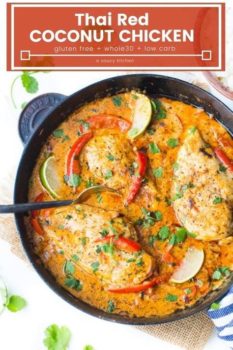 Thai Red Curry inspired coconut chicken - chicken pieces swimming in a rich, coconut sauce with blended up herbs and spices and sliced red bell pepper. Ready in under 30 minutes! | #GlutenFree + #Whole30 #Paleo #chickendinner #EasyDinner #LowCarb #Keto Chicken In Coconut Sauce, Whole30 Curry, Red Pepper Curry, Coconut Chicken Curry, Chicken Coconut, Red Curry Chicken, Red Chicken, Coconut Sauce, Chicken Pieces