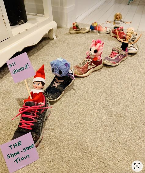 All Aboard The Shoe Shoe Train, Elf Shoe Train, Elf On The Shelf Shoe Train, Elf One The Shelf Ideas, Elf Train Ideas, Elf On The Shelf Train Ideas, Elf On The Shelf Train, Elf On The Shelf Scooter Ideas, Elf On The Shelf Arctic Fox Ideas