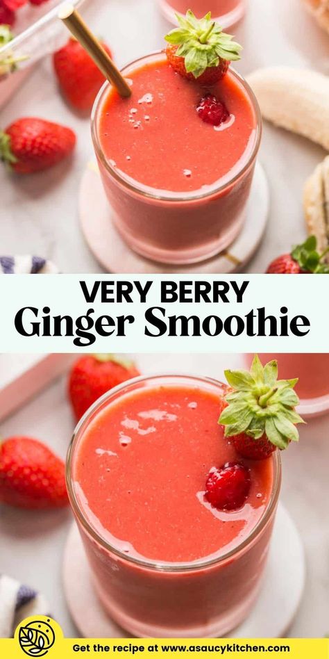 Add a little zing to your morning with this with this bright and fruity Berry Ginger Smoothie! Blended up whole fruit pack in the fibre making for a filling and nutritious drink that you can sip on-the-go. Smoothie Recipes Filling, Berry Ginger Smoothie, Strawberry Basil Smoothie, Sick Day Smoothie, Ginger In Smoothies, Beet Ginger Smoothie, Smoothies With Ginger Root, Smoothies For Nausea, Wake Up Smoothie