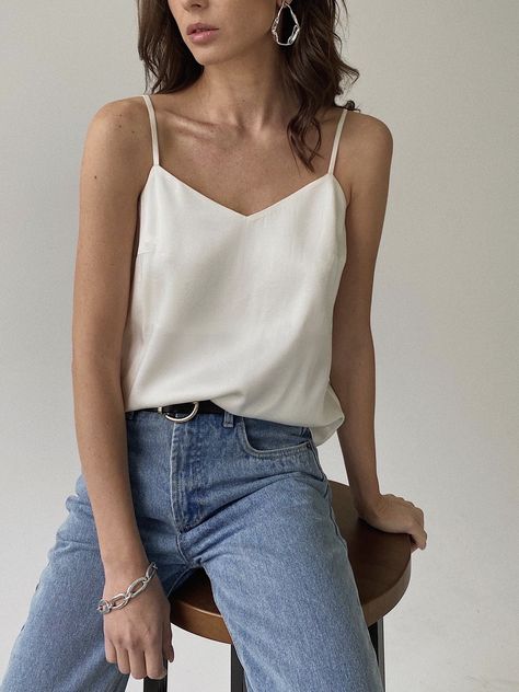 White Camisole Outfit, Satin Camisole Outfit, Satin Tank Top Outfit, Silk Tank Top Outfit, Silk Camisole Outfit, Strap Tops Outfit, Camisole Top Outfit, White Tank Top Outfit, Camisole Outfit