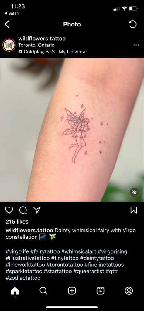 Fairy With Dress Tattoo, Disney Fairy Tattoo, Virgo Fairy Tattoo, Fairy Tattoo Ideas For Women, Mirror Tattoos, Tattoo Dress, Virgo Constellation, Virgo Tattoo, Pixie Hollow