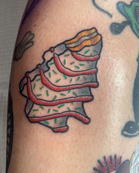 Lambchop Tattoo, Christmas Tree Cake Tattoo, American Traditional Cake Tattoo, Embroidery Patch Tattoo, Gingerbread House Tattoo, Christmas Traditional Tattoo, Traditional Christmas Tattoo, Christmas Tree Tattoo, Cookie Tattoo