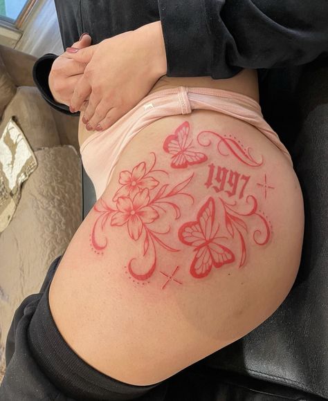 Red Hip Tattoos Women, Red Leg Tattoos Women, Red Thigh Tattoos Women, Red Tattoo Ideas Female, Red Hip Tattoo, Tight Tattoos For Women, Side Hip Tattoos, Hip Tattoo Designs, Girl Thigh Tattoos