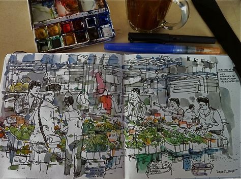 Sketching at a wet market House Artwork, Travel Sketchbook, Sketch Journal, Landscape Sketch, Line Sketch, Artist Sketchbook, Sketch A Day, Travel Sketches, Sketchbook Art Journal