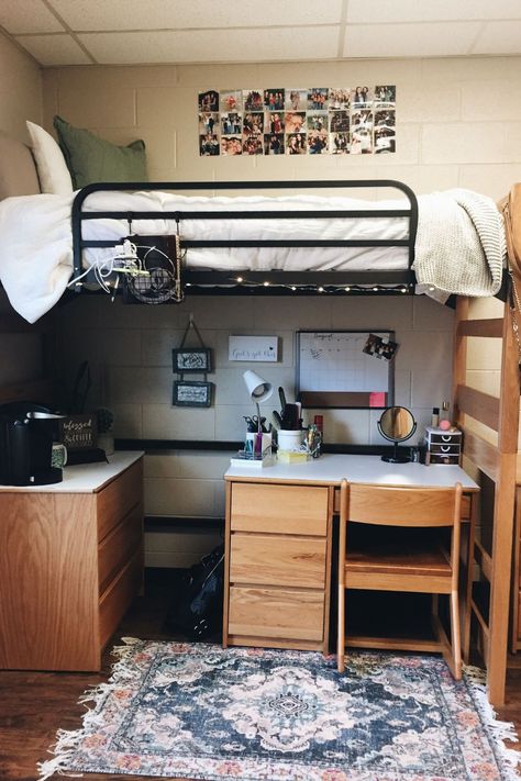 Lofted Beds, Single Dorm Room, Lofted Dorm Beds, Guy Dorm Rooms, College Dorm Room Ideas, College Bedroom Decor, Dorm Room Layouts, College Dorm Room Inspiration, Dream Dorm Room