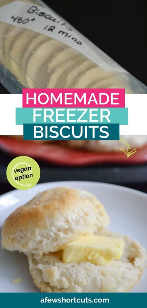 Prep ahead and make this simple Homemade Freezer Biscuits Recipe. So simple to pop in the oven before dinner!  | @AFewShortcuts #recipes #homemade #bread #biscuits #freezerrecipes #vegan Freezer Biscuit Recipe, Homemade Freezer Biscuits, Freezer Biscuits, Bread Biscuits, Processor Recipes, Frozen Biscuits, Freezer Recipes, Homemade Mixes, Bisquick Recipes