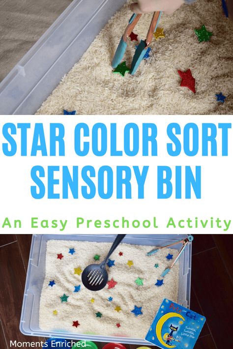 Sensory Bin Star Sort - Toddler Color Activity - Moments Enriched Planet Sensory Activities, Nursery Rhyme Sensory Bin, Star Sensory Bin, Star Sensory, Nursery Rhymes Preschool Crafts, Toddler Fine Motor Activities, Planets Activities, Eid Activities, Toddler Sensory Bins