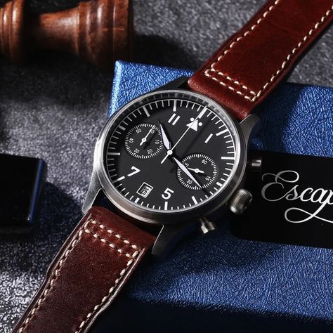 【Escapement Time】Quartz 6S21 Movement Pilot Flieger Chronograph Watch Black Dial and 40mm Case Waterproof 50M _ - AliExpress Mobile Flieger Watch, Classic Watches, Black Watch, Chronograph Watch, Quartz Watch, Omega Watch, Chronograph, Leather Watch, Wrist Watch