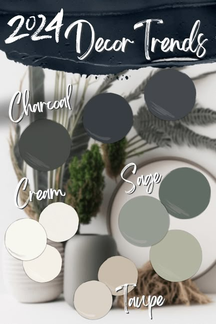 New Paint Colors to Use in 2024 (From Every Brand!) - Mod & Mood Sage Green With Black Accents, One Wall Bedroom Paint Colors, Modern Organic Paint Colors Benjamin Moore, New Build Color Scheme, Gray House Color Scheme Interiors, Paint Colors Of The Year 2024, Charcoal Grey And Green, Cohesive Paint Colors Home, Whole Home Paint Palette