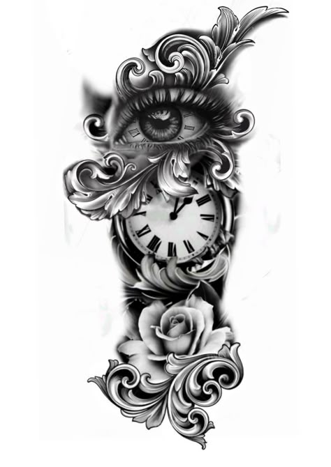 Unique Forearm Tattoos For Women, Eye Clock Tattoo Stencil, Eye In Clock Tattoo Design, Eyeball Clock Tattoo Design, Eye Inside Clock Tattoo, Filigree Tattoo Designs, Eye Clock Rose Tattoo Design, Tattoo Artist Business Cards, Unique Forearm Tattoos