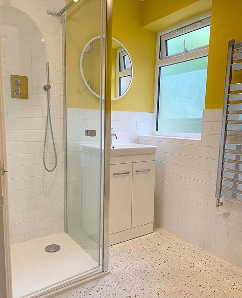 Yellow Shower Room, Bright Yellow Bathroom, Yellow Cloakroom, Light Yellow Bathroom Walls, India Yellow Farrow And Ball Bathroom, Mustard Bathroom, Downstairs Bathroom, Alcove Bathtub, Mustard