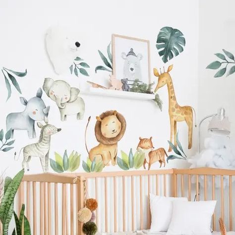 Kids Watercolor Safari Animals with Tropical Leaves Wall Decal Sticker Giraffe Mural, Safari Animal Wall Decals, Baby Safari Nursery, Childrens Wall Decals, Safari Wall Art, Giraffe Nursery, Baby Elefant, Animal Wall Decals, Fabric Wall Decals