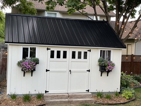 Black And White Shed Exterior, White And Black Shed Exterior, Grey Shed Black Trim, White Shed With Black Trim, White Shed Black Trim, Black And White Shed, Metal She Shed, White Shed, Shed Exterior Ideas