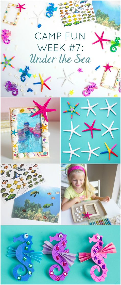 Hold summer camp at home with these fun ideas for a dinosaur week and under the sea week with your kids! Summer Daycare, Preschool Summer Camp, Summer Camp At Home, Ocean Theme Crafts, Camp At Home, Camp Themes, Grandma Camp, Summer Camp Themes, Camping Activities For Kids