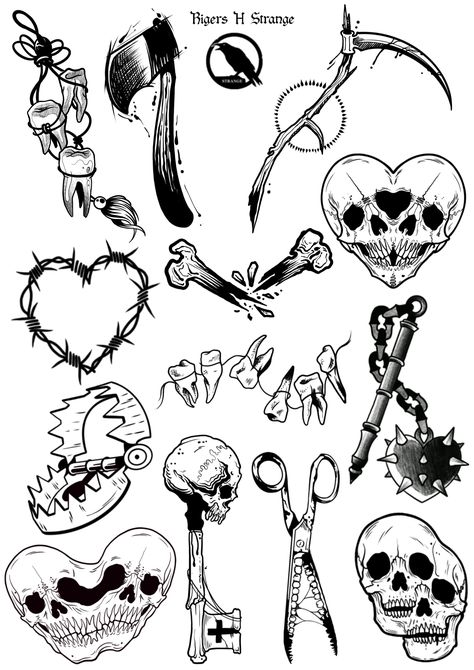 Small Tattoos Dark, Illustrative Tattoo Style Drawings, Witchy Goth Tattoo, Flash Work Tattoo, Creepy Flash Art, Beginner Tattoo Designs, Spooky Flash Sheet, Gothic Tattoo Filler Ideas, Gothic Simple Tattoo