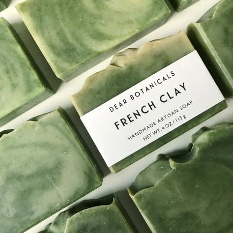 FRENCH CLAY is made with French green clay, one of the softest, yet most powerful cosmetic clays out there. Sometimes called a healing clay, it is a gentle natural cleanser and toner that feels lovely on your skin. This soap has a fresh and stimulating scent of bergamot and juniper berry essential oils. INGREDIENTS: Extra virgin olive oil, coconut oil, shea butter, distilled water, sodium hydroxide, coconut milk,* camellia oil, castor oil, essential oil blend (bergamot, juniper berry), French gr Cold Process Soap Designs, Soap Photography, Juniper Berry Essential Oil, Easy Soap Recipes, Dessert Soap, Handmade Soap Recipes, Healing Clay, Soap Carving, Green Soap