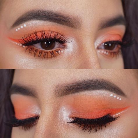 🍊More orange! I added some coral because I'm running low on orange creative fumes right now #coloroftheweek  Details: Makeup Forever M720 eyeshadow and Star Powder 902(highlight) - I adhere the star powder with Too Faced Glitter Glue for intensity  Mac Coral and Orange eyeshadow  Smashbox Coral Blush Palette as shadows and XRated mascara  Tarte Inner Rim Brightener in waterline // Illamasqua white liquid liner for the dots House of Lashes Temptress Wispy stacked with no name 747L lashes  Liner Orange Eyeshadow Looks, White Eye Makeup, Orange Eye Makeup, Make Carnaval, Concert Makeup, Orange Eyeshadow, Bright Eye Makeup, White Liquid, Orange Makeup