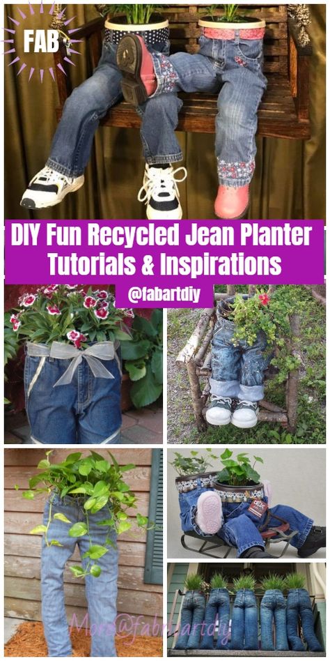 DIY Fun Recycled Jean Planter Tutorials & Inspirations Jeans Planter, Jean Planters, Upcycled Planter, Diy Hanging Planter, Jeans Crafts, Blue Jeans Crafts, Flower Pot Crafts, Dekor Diy, Garden Whimsy