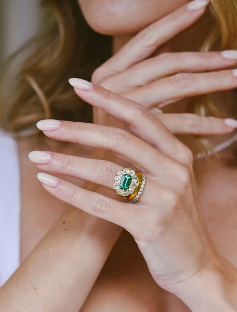 emerald and round cut diamond Victorian era engagement ring stacked with contemporary gold and diamond bands Erstwhile Jewelry, Antique Rings Victorian, Wedding Gift Guide, Victorian Engagement Rings, Victorian Ring, Round Engagement Rings, Vintage Wedding Band, Simple Engagement Rings, Victorian Rings