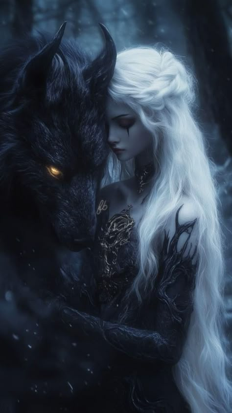 Mystical Forest Creatures, Dark Wolf Art, Twilight Goddess, Shadow Goddess, Ethereal Art Dark, Wolf Companion, Female Creature, Ethereal Being, Eyes Glowing