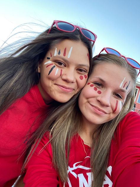 Face Painting For School Spirit Day, High School Football Face Paint Ideas, Face Paint With Glitter, Face Painting School Spirit, Cross Face Paint, Hoco Face Paint, Spirit Week Face Paint Ideas, Red Face Paint Ideas, School Face Paint Spirit