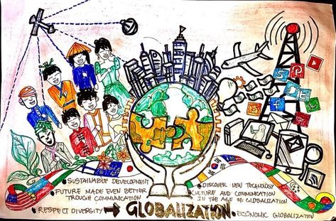 Impact Of Globalization On Communication Poster, Globalization Drawing Ideas, Globalization Pictures, Globalisasyon Slogan, Globalization Poster Ideas Drawing Easy, Globalization Poster Ideas Drawing, Collage About Globalization, Globalisation Images, Poster About Economics