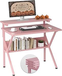 COTUBLR Small Desk, 27.5 Inch Small Computer Desk for Small Spaces, Computer Desk with Adjustable Monitor Stand, Compact Desk with Storage, Tiny Desk Study Desk for Bedroom Home Office, Pink Small Study Desk, Mac Desk, Home Office Pink, Wood Desk Design, Desk For Bedroom, Desk For Small Spaces, Compact Desk, Tiny Desk, Tiny Desks