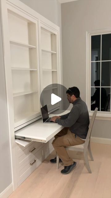 Closet Desk With Doors, Bookshelf With Pull Out Desk, Closet Built In Desk, Desk In Master Closet, Diy Hidden Desk, Bookcase Wall With Desk, Hidden Desk Built In, Walk In Closet Office Combo, California Closets Office