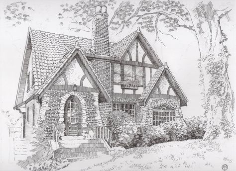 Tudor House Drawing, Rendering Techniques, English Tudor, Outside Wedding, Tudor House, House Drawing, Hand Sketch, Fantasy Artist, Architecture Drawing