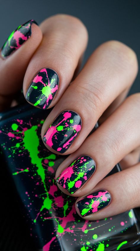 35 Stunning Abstract Nail Art Designs to Inspire Your Next Manicure in 2024 - nailosphere.com Black Splatter Nails, Neon Art Nails, Fun Rainbow Nails, Neon Splatter Nails, Black Pink And Green Nails, Black Nails With Neon Design, Black And Neon Pink Nails, 90s Nails Designs, Hot Pink And Green Nails