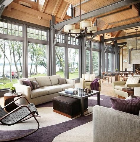 Sophisticated Yet Casual Lake House Retreat in Wisconsin Lake House Living Room, Vaulted Ceiling Living Room, Casa Clean, Steel Frame House, Metal Building Homes, Metal Buildings, Contemporary Living Room, Contemporary Living, Barn House