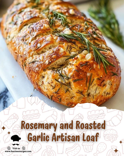 Warm, crusty, and infused with rosemary and roasted garlic, this artisan bread recipe delivers a burst of flavor perfect for any occasion. Learn how to bake it today! Bread Recipes Rosemary Garlic, Rosemary Roasted Garlic Artisan Bread, Artisan Yeast Bread Recipes, Roasted Garlic And Rosemary Bread, Rosemary Garlic Bread Dutch Oven, Rosemary And Garlic No Knead Bread, Rosemary French Bread, Crockpot Rosemary Bread, Crusty Loaf Bread