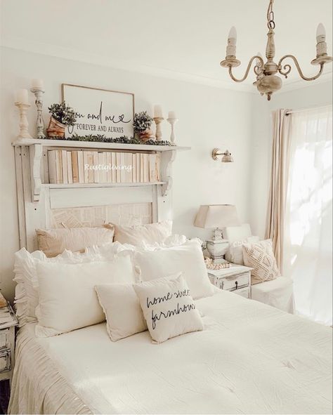 Bed Ideas Farmhouse, Country Romance Decor, Country Romance Decor Home, Shelf Over Bed Ideas, Over Bed Ideas, Shelf Over Bed, Romance Decor, Country Romance, Home Decor Country