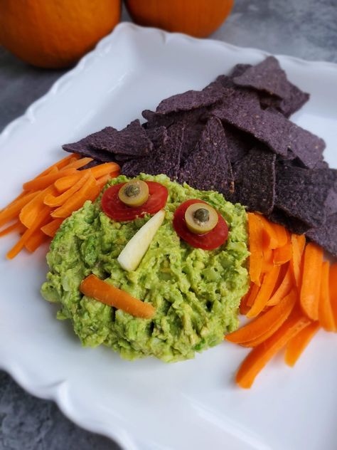 Guacamole Witch - Women of Today Halloween Witch Guacamole, Guacamole Witch, Guac Dip, Blue Corn Chips, Blue Corn Tortillas, Guacamole Dip, Fun Halloween Food, Guacamole Recipe, Hawaiian Food