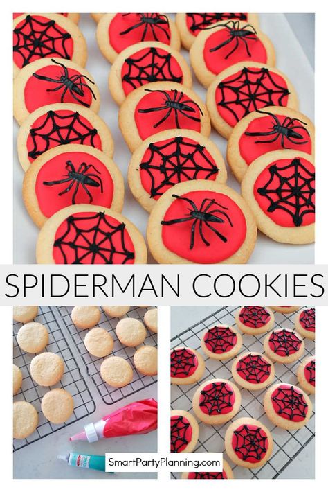 Easy Spidey Birthday Cake, Spiderman Recipes, Spiderman Dinosaur Party, Spider Man Birthday Food, Spiderman Birthday Food, Spidey Party Food, Spiderman Birthday Cake Easy, Spiderman Desserts, Spiderman Party Food Ideas